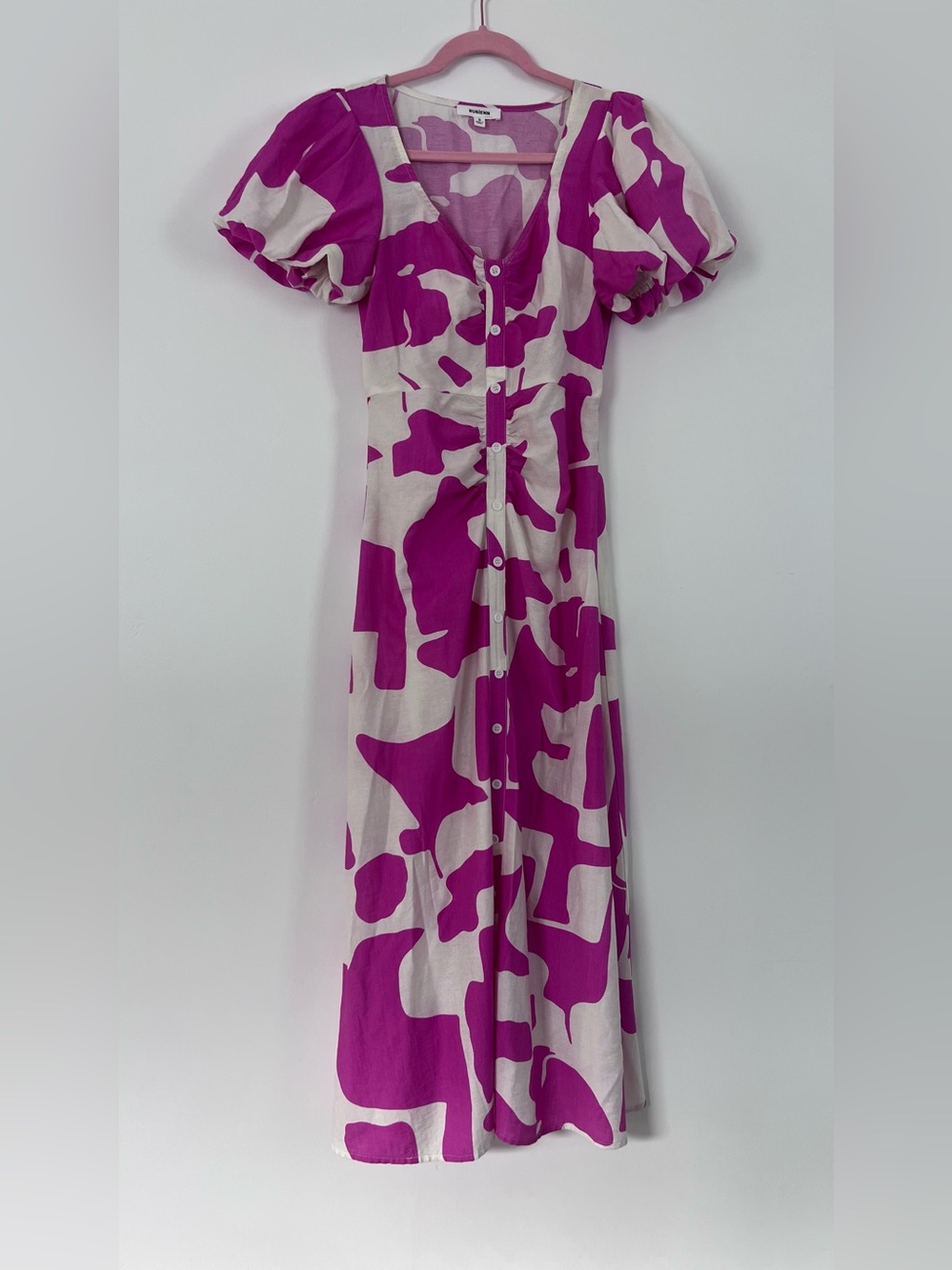 Women's Pink and White Button-Front Midi Dress